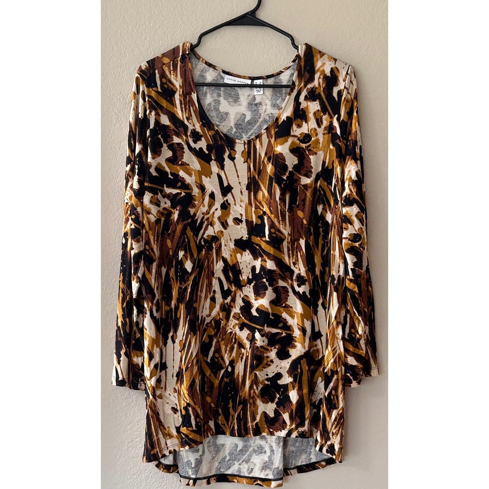 Susan Graver Liquid Knit V-Neck Tunic Top Brown Abstract Print 1X A367232